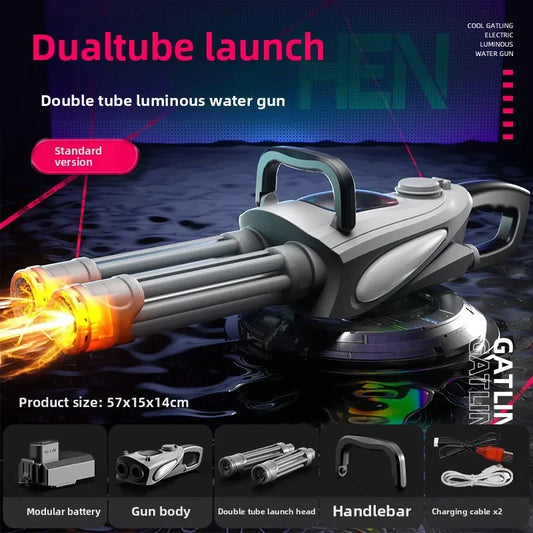 Unleash Epic Water Battles with the Automatic Double Rotating Gatling Water Gun - LED Spray Blaster for Kids and Adults!