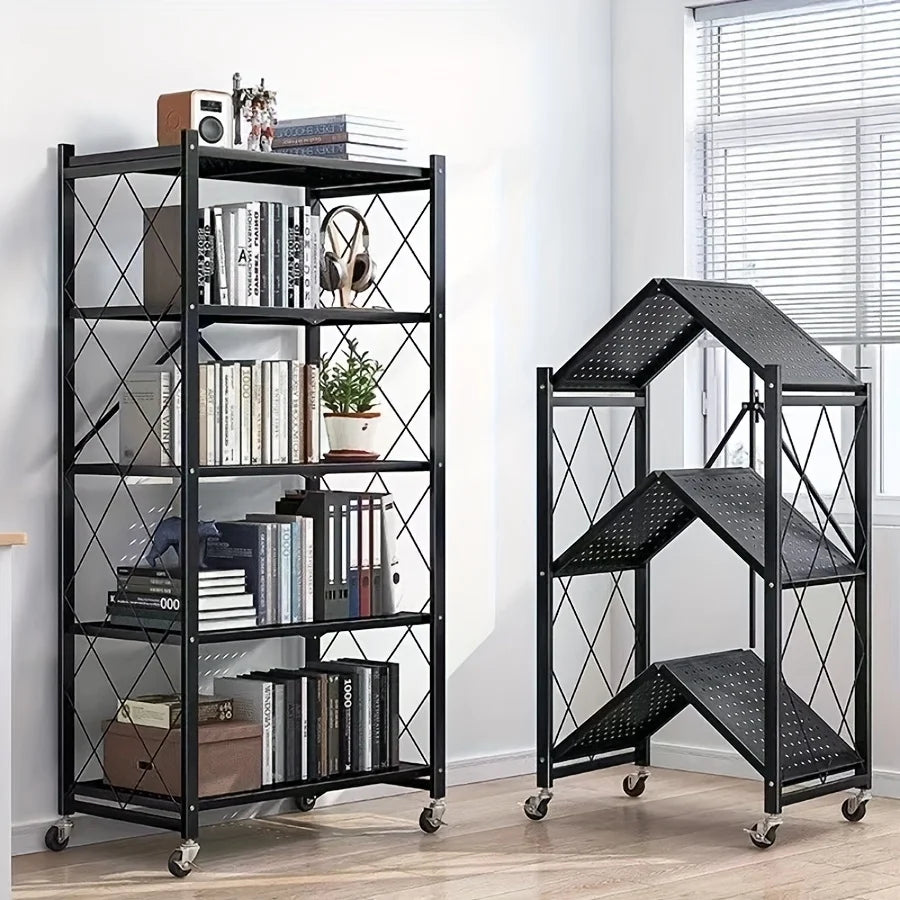Maximize Your Space with Our 3/4/5-Layer Heavy-Duty Foldable Metal Storage Rack on Wheels – Perfect for Garage and Kitchen Organization!