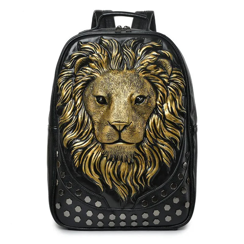 Stylish 3D Embossed Lion Head PU Leather Backpack - Perfect for School and Everyday Use