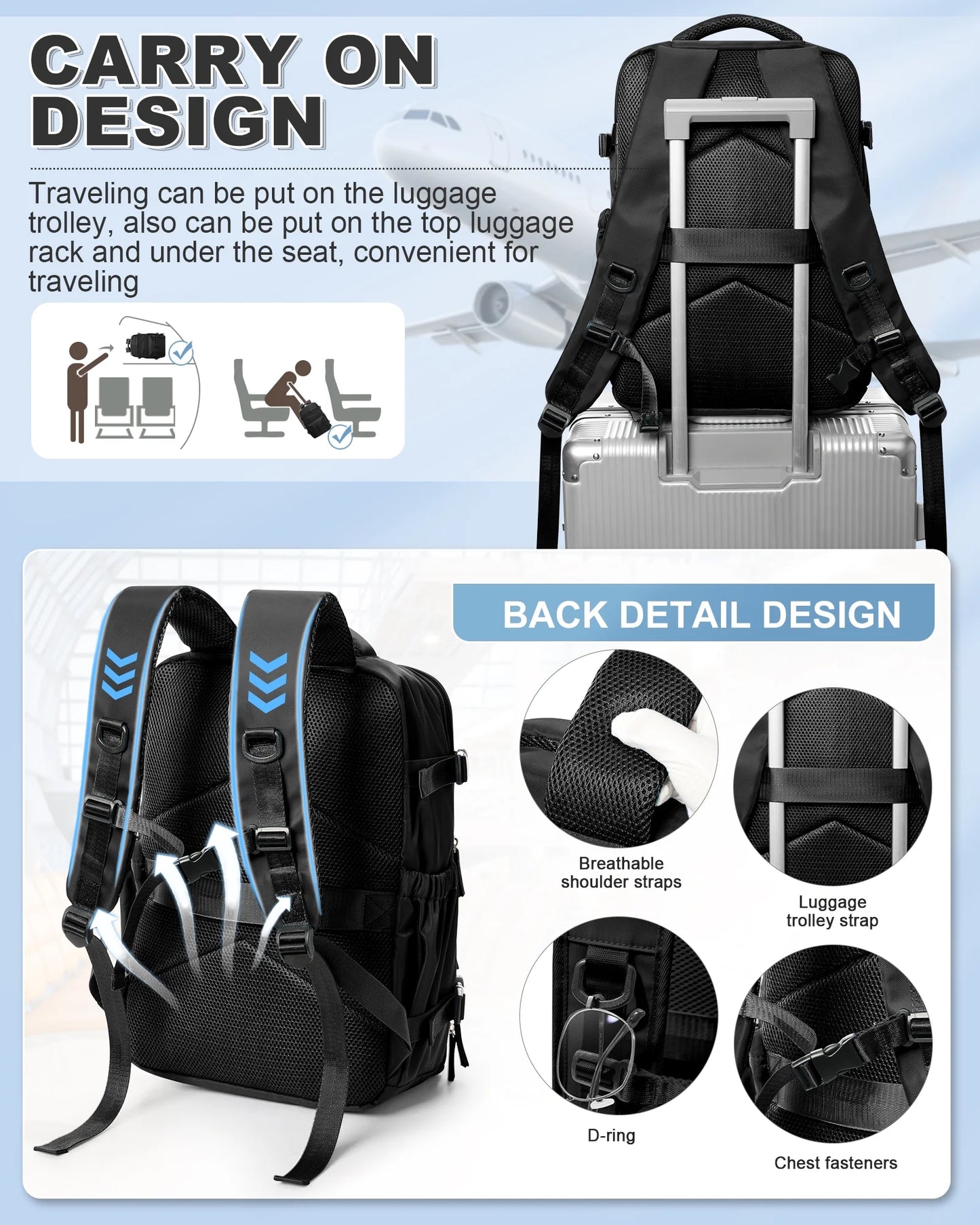 Ultimate Travel Vacuum Backpack with Air Pump - Perfect for Airplanes, Stylish Black Design, Fits 15.6-inch Laptops