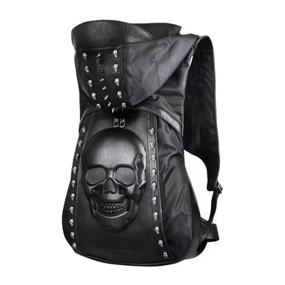 Elevate Your Style with the 3D Skull Leather Backpack - Unique Rivets and Hood Cap Design for Fashion-Forward Individuals