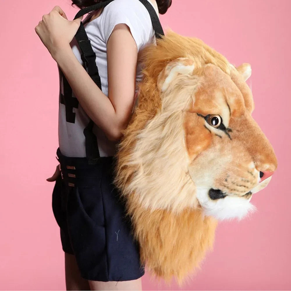 Adorable 3D Animal Design Backpack for Girls - Tiger, Lion, Leopard, and Panda Fur School Bags with Chain Clutch and Crossbody Style
