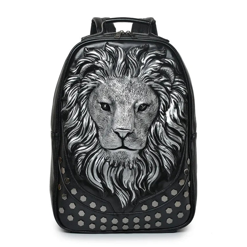 Stylish 3D Embossed Lion Head PU Leather Backpack - Perfect for School and Everyday Use