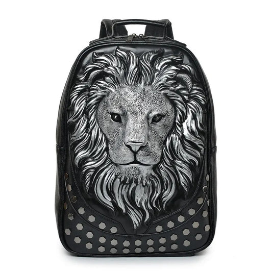 Stylish 3D Embossed Lion Head PU Leather Backpack - Perfect for School and Everyday Use