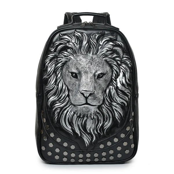 Stylish 3D Embossed Lion Head PU Leather Backpack - Perfect for School and Everyday Use
