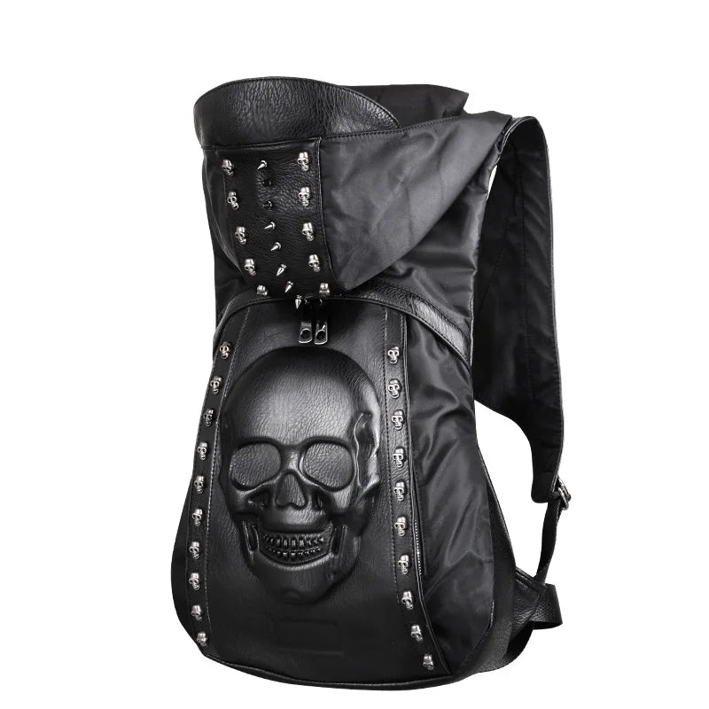 Gothic Steampunk Skull Backpack - Fashion Black School Bag with Rivets and Hip-Hop Style Hat