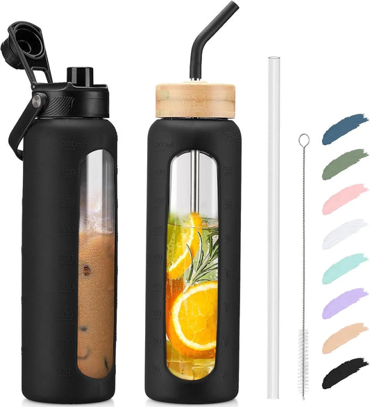 Glass Water Bottle, 24Oz Sports Drinking Tumbler with Silicone Sleeve and Straw, 1 Cup 2 Lids, Black