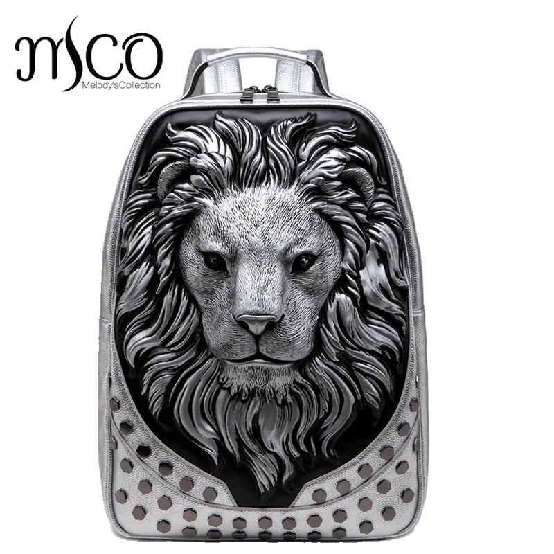 Stylish 3D Embossed Lion Head PU Leather Backpack - Perfect for School and Everyday Use