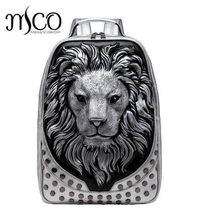 Stylish 3D Embossed Lion Head PU Leather Backpack - Perfect for School and Everyday Use