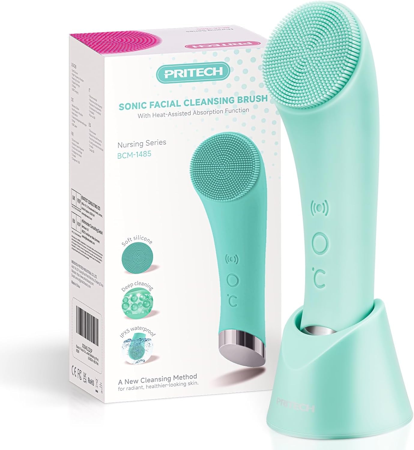 Revitalize Your Skin with the Silicone Face Scrubber: Rechargeable Facial Cleansing Brush with Heat Massage and Vibrating Exfoliation for Deep Cleanse - Waterproof Design for Men and Women in Vibrant Green