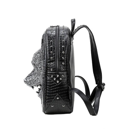 Stylish 3D Wolf Head Backpack - High-Quality PU Leather Rucksack for Teens and Students