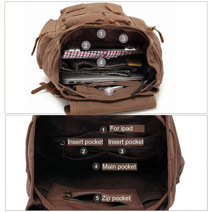 High Capacity Canvas Vintage Backpack 30L - Laptop Compartment, Unisex