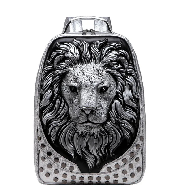 Stylish 3D Embossed Lion Head PU Leather Backpack - Perfect for School and Everyday Use