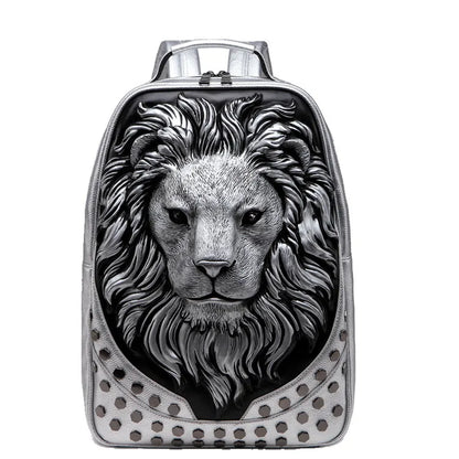 Stylish 3D Embossed Lion Head PU Leather Backpack - Perfect for School and Everyday Use