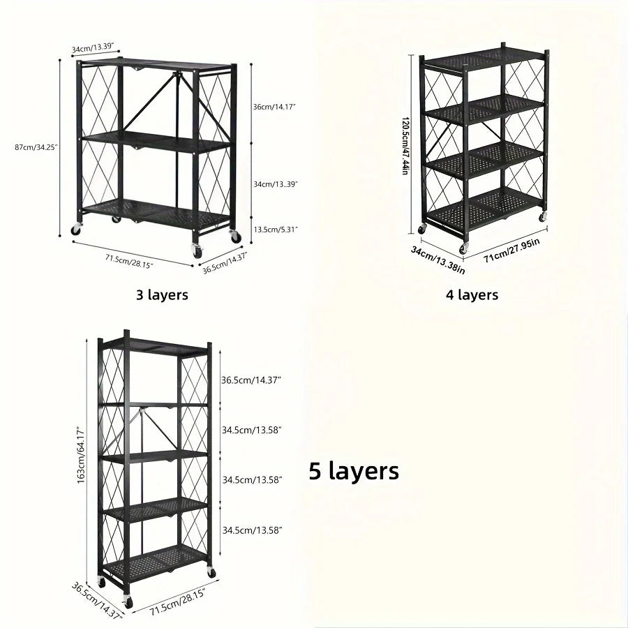 Maximize Your Space with Our 3/4/5-Layer Heavy-Duty Foldable Metal Storage Rack on Wheels – Perfect for Garage and Kitchen Organization!