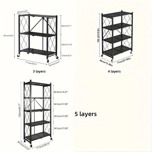 Maximize Your Space with Our 3/4/5-Layer Heavy-Duty Foldable Metal Storage Rack on Wheels – Perfect for Garage and Kitchen Organization!