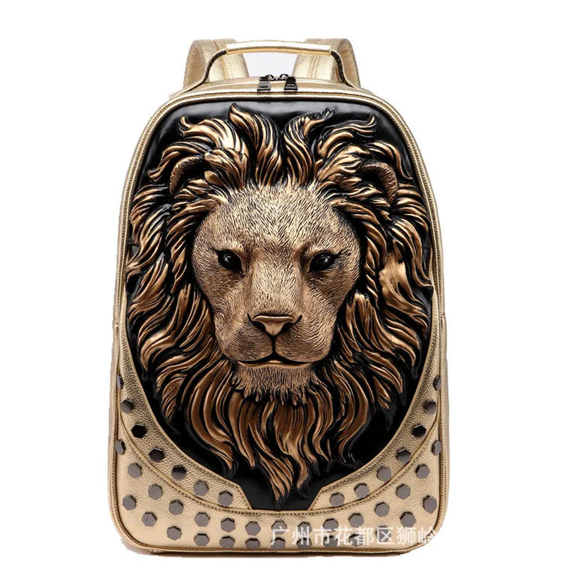 Stylish 3D Embossed Lion Head PU Leather Backpack - Perfect for School and Everyday Use