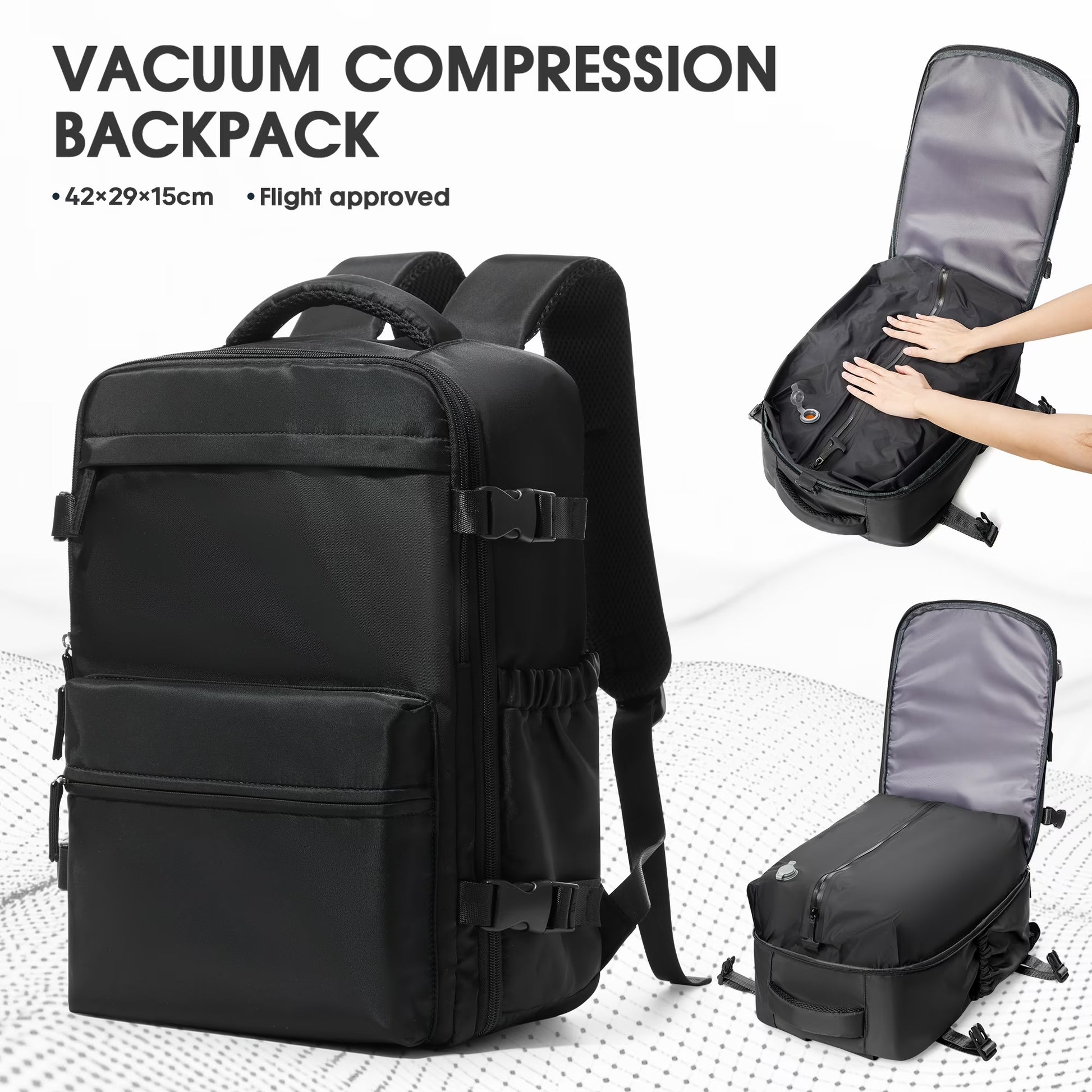 Ultimate Travel Vacuum Backpack with Air Pump - Perfect for Airplanes, Stylish Black Design, Fits 15.6-inch Laptops