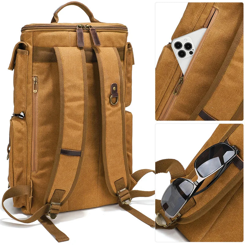 Stylish Vintage Leather 16-Inch Laptop Backpack - Durable Waxed Canvas Rucksack for Travel and Daily Use