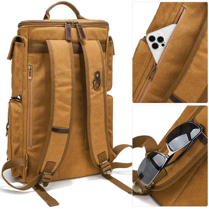 Stylish Vintage Leather 16-Inch Laptop Backpack - Durable Waxed Canvas Rucksack for Travel and Daily Use