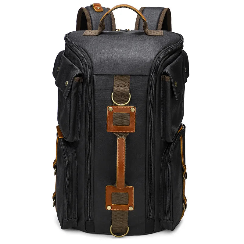 Stylish Vintage Leather 16-Inch Laptop Backpack - Durable Waxed Canvas Rucksack for Travel and Daily Use