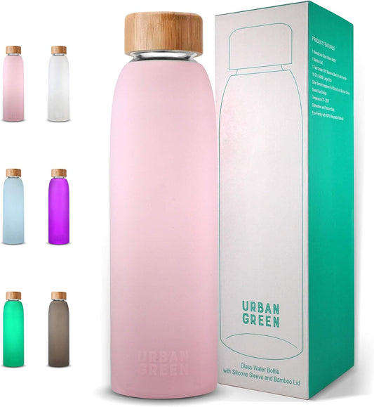 Glass Water Bottle with Protective Silicone Sleeve and Bamboo Lid, 18Oz, 1Extra 304 Stainless Steel Lid with Handle, BPA Free, Dishwasher Safe, Valentine Gift