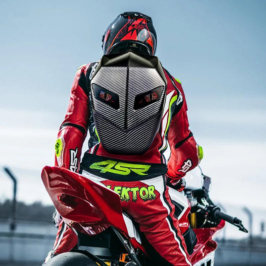 Revolutionary Rider Motorcycle LED Backpack with Bluetooth and Carbon Fiber Design - Perfect for School and Riding Adventures