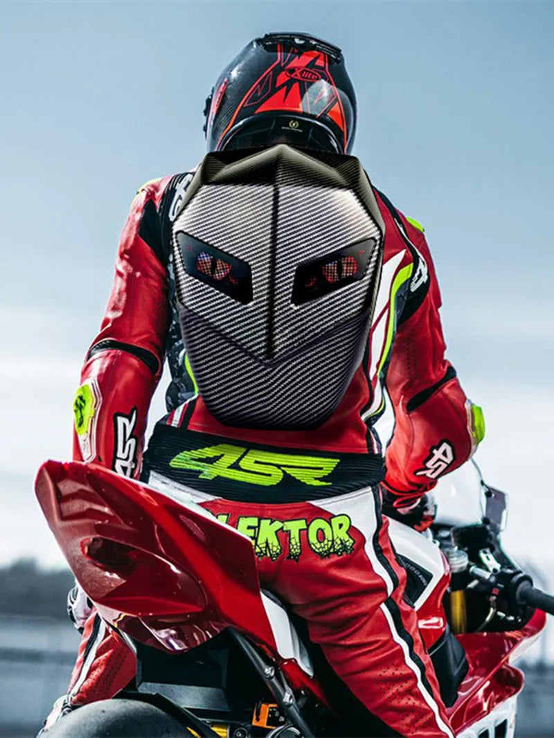 Revolutionary Rider Motorcycle LED Backpack with Bluetooth and Carbon Fiber Design - Perfect for School and Riding Adventures