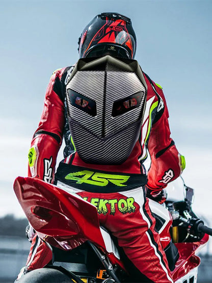 Revolutionary Rider Motorcycle LED Backpack with Bluetooth and Carbon Fiber Design - Perfect for School and Riding Adventures