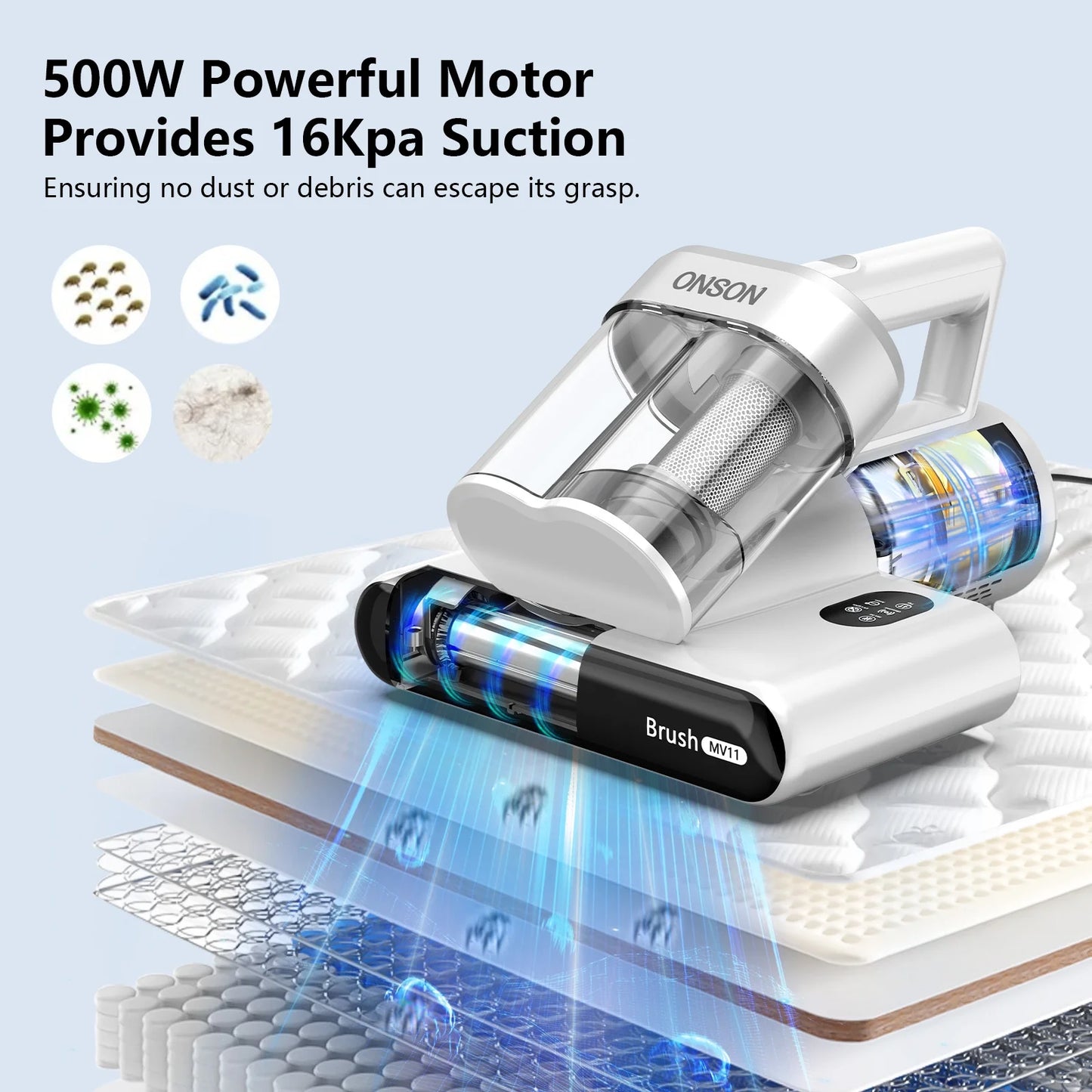 Powerful 16Kpa Handheld Mattress Vacuum Cleaner with UV Light for Ultimate Deep Cleaning of Beds and Sofas