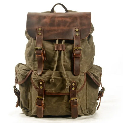 Stylish Waxed Canvas Backpack - Spacious Waterproof Rucksack for Travel and School with Unique Leather Accents
