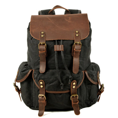 Stylish Waxed Canvas Backpack - Spacious Waterproof Rucksack for Travel and School with Unique Leather Accents