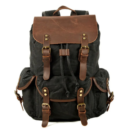 Stylish Waxed Canvas Backpack - Spacious Waterproof Rucksack for Travel and School with Unique Leather Accents