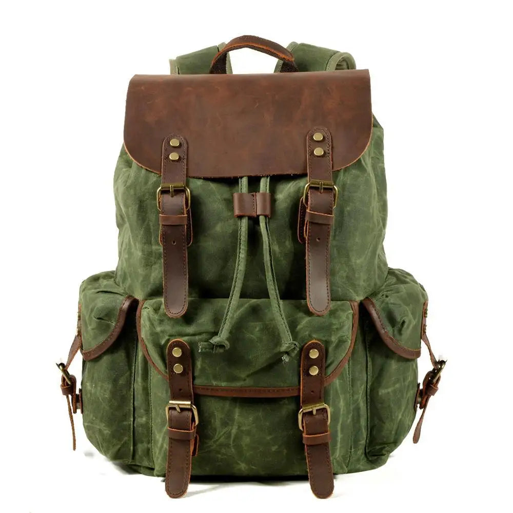 Stylish Waxed Canvas Backpack - Spacious Waterproof Rucksack for Travel and School with Unique Leather Accents