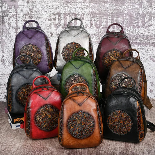 Stylish Vintage Women's Leather Backpack - Handmade Floral Travel Bag Available in 9 Stunning Colors