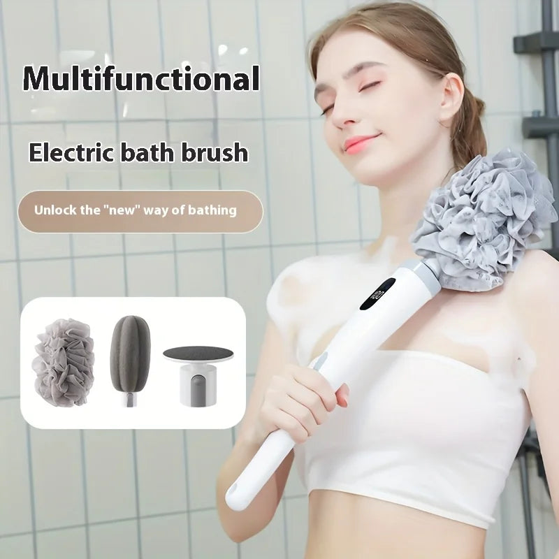 Revolutionary Electric Body Brush with Long Handle - Waterproof Rechargeable Bath Scrubber for Exfoliating and Cleansing Skin, Complete with 3 Brush Heads and 2 Speed Settings