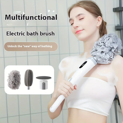Revolutionary Electric Body Brush with Long Handle - Waterproof Rechargeable Bath Scrubber for Exfoliating and Cleansing Skin, Complete with 3 Brush Heads and 2 Speed Settings