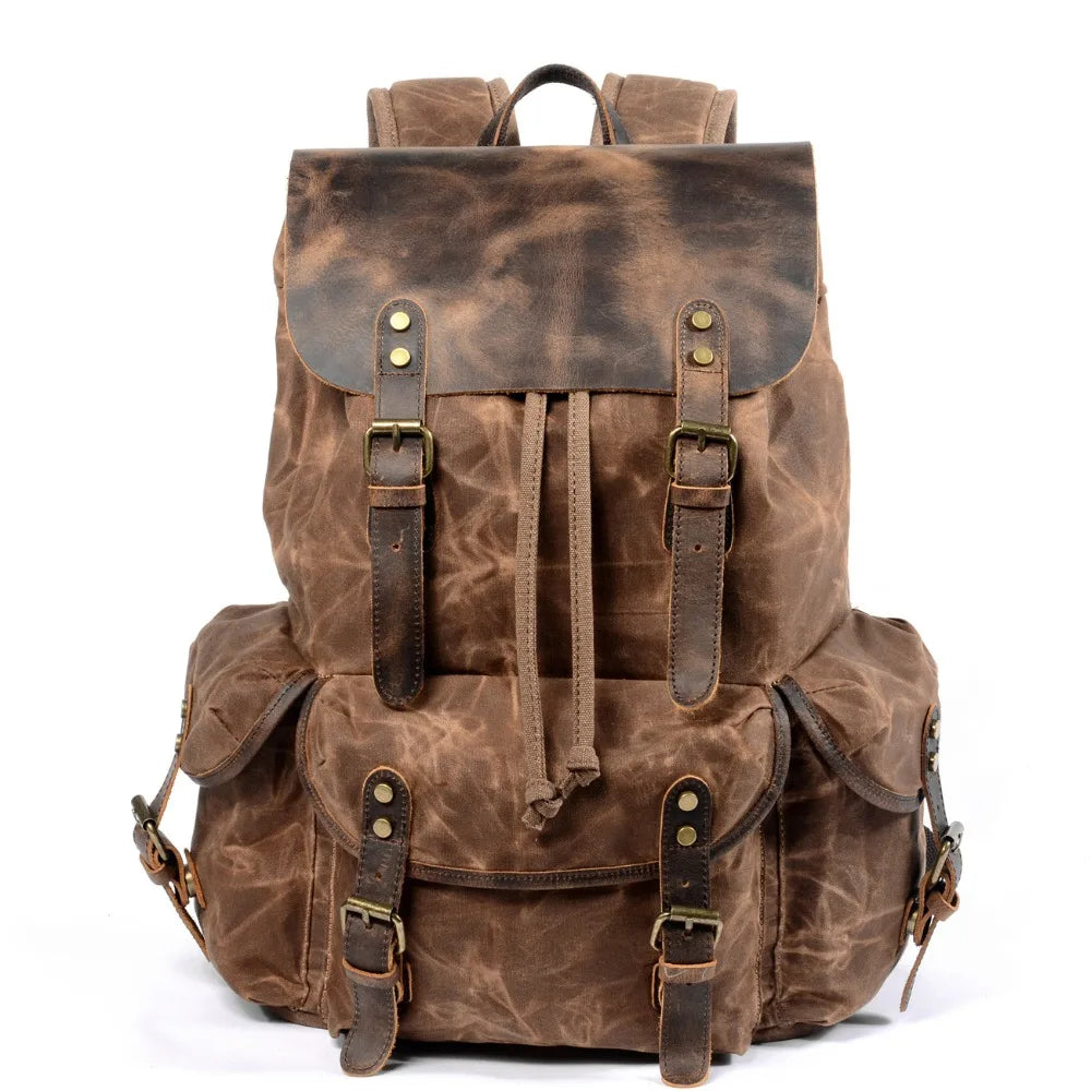 Stylish Waxed Canvas Backpack - Spacious Waterproof Rucksack for Travel and School with Unique Leather Accents