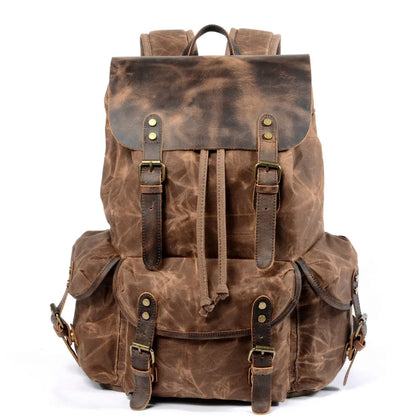 Stylish Waxed Canvas Backpack - Spacious Waterproof Rucksack for Travel and School with Unique Leather Accents