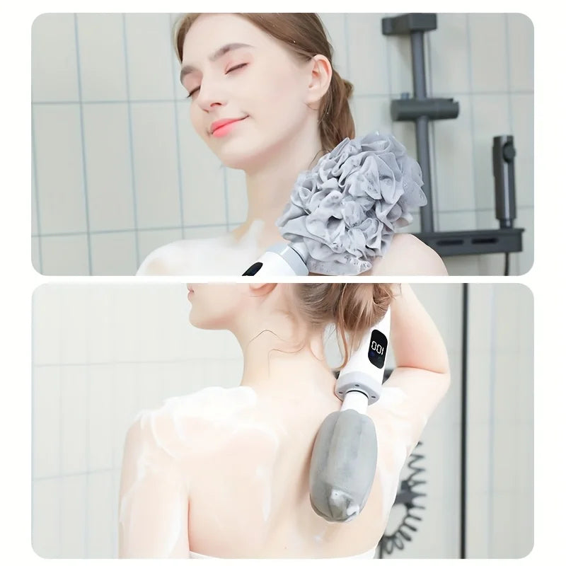 Revolutionary Electric Body Brush with Long Handle - Waterproof Rechargeable Bath Scrubber for Exfoliating and Cleansing Skin, Complete with 3 Brush Heads and 2 Speed Settings