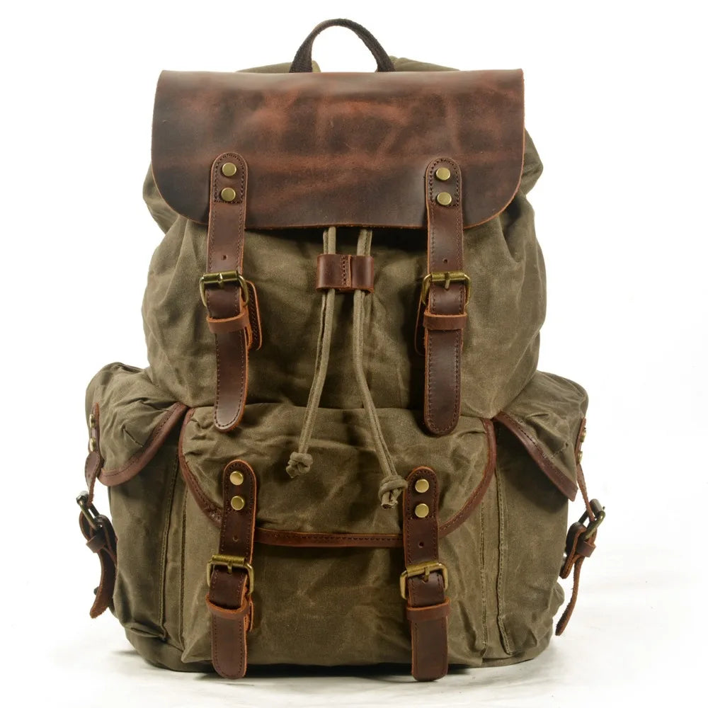 Stylish Waxed Canvas Backpack - Spacious Waterproof Rucksack for Travel and School with Unique Leather Accents