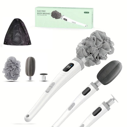 Revolutionary Electric Body Brush with Long Handle - Waterproof Rechargeable Bath Scrubber for Exfoliating and Cleansing Skin, Complete with 3 Brush Heads and 2 Speed Settings
