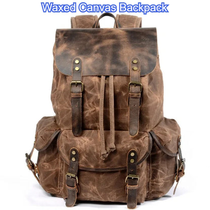 Stylish Waxed Canvas Backpack - Spacious Waterproof Rucksack for Travel and School with Unique Leather Accents