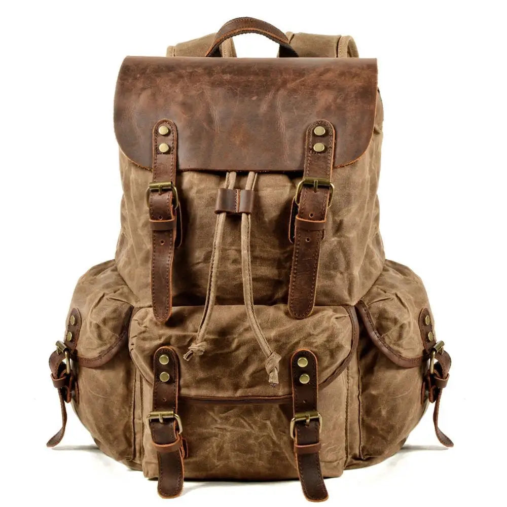 Stylish Waxed Canvas Backpack - Spacious Waterproof Rucksack for Travel and School with Unique Leather Accents
