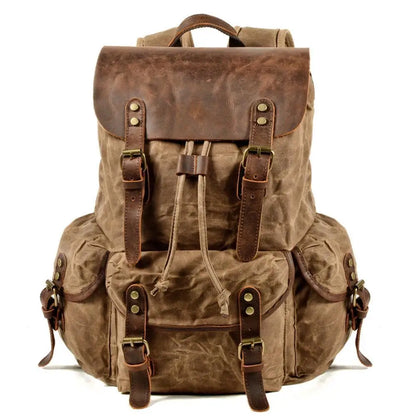 Stylish Waxed Canvas Backpack - Spacious Waterproof Rucksack for Travel and School with Unique Leather Accents