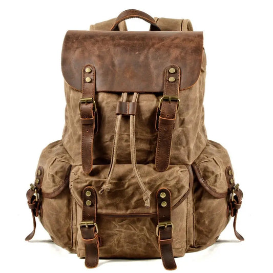 Stylish Waxed Canvas Backpack - Spacious Waterproof Rucksack for Travel and School with Unique Leather Accents
