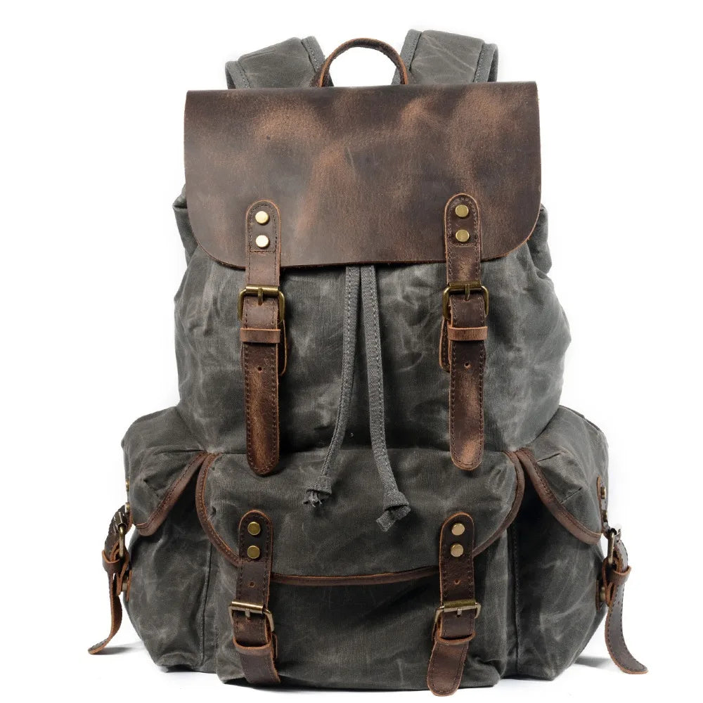 Stylish Waxed Canvas Backpack - Spacious Waterproof Rucksack for Travel and School with Unique Leather Accents