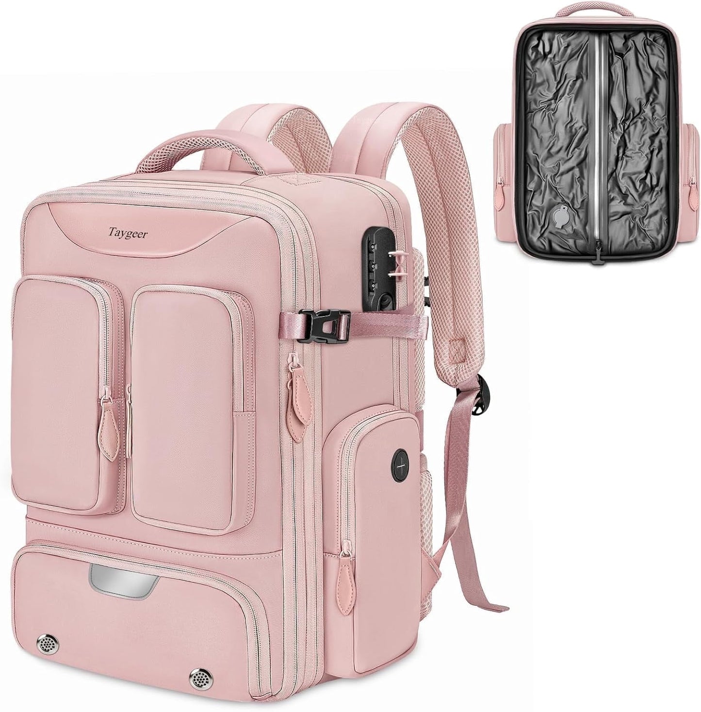 Stylish Pink Vacuum Backpack - Expandable Compression Luggage with Shoe Compartment and Rain Cover for Effortless Travel