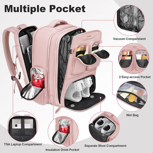 Stylish Pink Vacuum Backpack - Expandable Compression Luggage with Shoe Compartment and Rain Cover for Effortless Travel