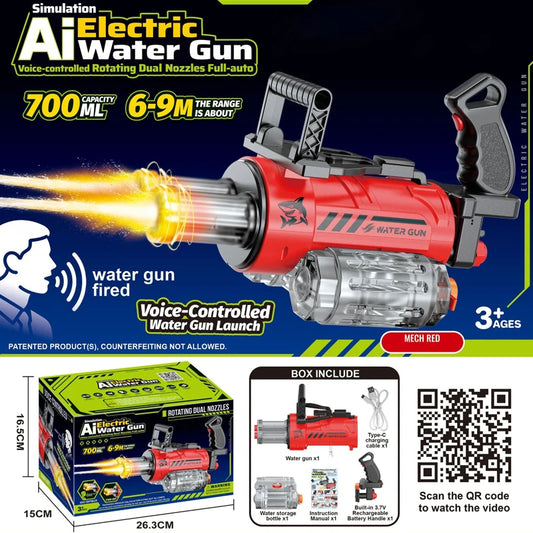 Experience Thrilling Water Battles with the Gatling Electric Voice Control Rotating Double Barrel Water Gun for Kids!